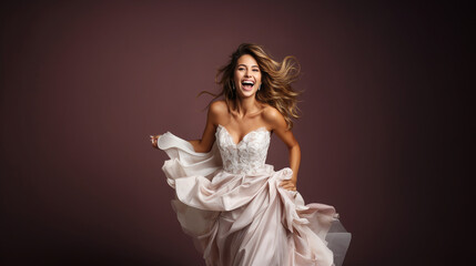 joyful bride in a white dress and veil jumping on a colored background, young beautiful woman, European girl, wedding, emotional face, portrait, expression, happiness, delight, movement, future wife