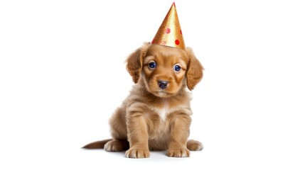 dog celebrate his birthday with birthday hat and cake