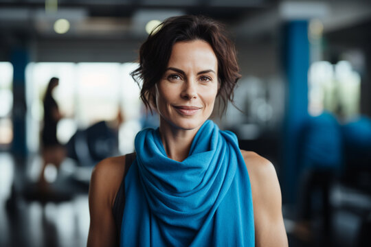 Portrait of Beautiful fit mature woman resting after workout, Proud brunette woman relaxing with blue towel around neck after yoga in par