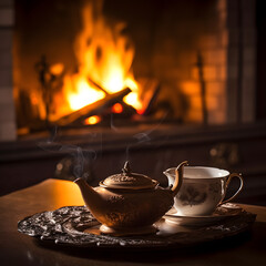 Tea by the Fireplace: Artistic representation of a cup of hot tea set against the backdrop of a roaring fireplace, creating a soothing and comforting ambiance for winter relaxation