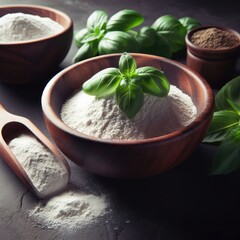 spices in a wooden bowl with herbs ingredient food background for social media