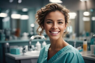 Radiant dental professional in clinic with a welcoming smile. Dental nurse, medical doctor surgery dental clinic with neautiful woman smiling - Powered by Adobe