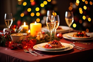 Festive Family Gathering: A Christmas dinner set on a beautifully adorned table