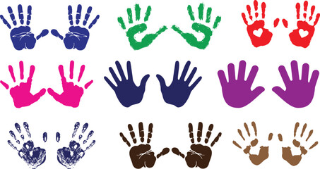 Vibrant, multicolor handprints vector illustration, perfect for children designs, educational materials. Features handprints on a white background. Ideal for kindergarten, preschool, school, teaching