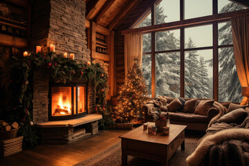 Interior of a comfortable rustic wooden cabin with a fireplace and a Christmas tree in the middle of a completely snowy forest. Interior of a cabin at Christmas