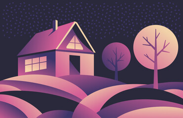 Night Rural scene with cottage and garden