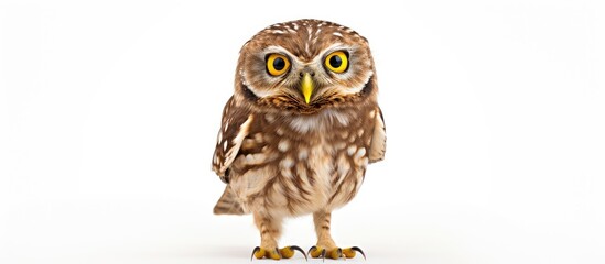 Young Little Owl brown and white with yellow eyes standing sideways and tilting head seen beside camera Isolated on white background