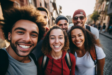 Portrait of group of friends is taking a selfie after a good weekend run, Everyone has a toothy smile