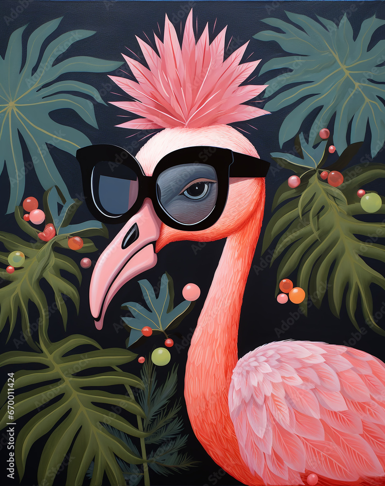 Wall mural Flamingo wearing glasses with tropical leaves background. Flamingo with sunglasses and tropical flowers on black background, illustration. tropical plants and flowers. palm leaves.