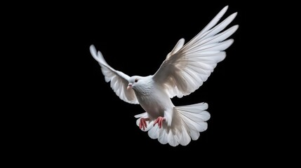 White dove with outstretched wings on black background