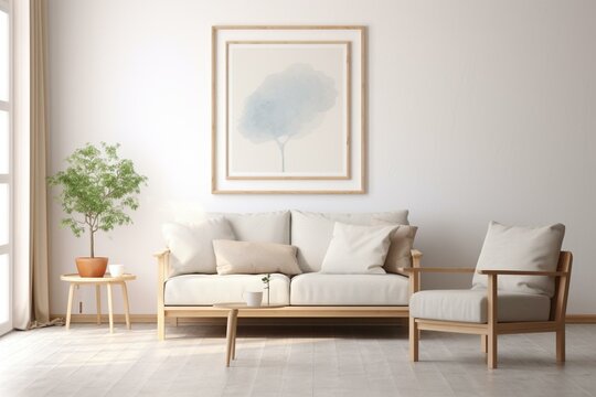 Poster frames in Scandinavian interior with armchair. Minimalist design. 3D illustration. Generative AI
