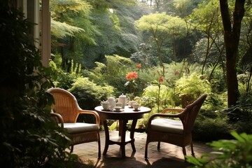 Fototapeta na wymiar a peaceful retreat in a lush garden with a cup of hot beverage. Generative AI