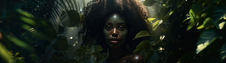 Beautiful woman with fancy green tattos on face, black woman in a forest, picture banner wild jungle concept.
Jungle tropical concept with beautiful girl with curly hair looking in camera. 