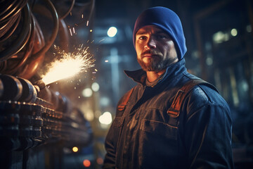 Portrait of male welder holding welding torch in factory