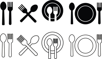 Set of Spoon, fork and plates restaurant icons Flat vector illustration. Lunch dinner symbols editable stock. Spoon and fork for eating icons for apps and websites isolated on transparent background. - obrazy, fototapety, plakaty