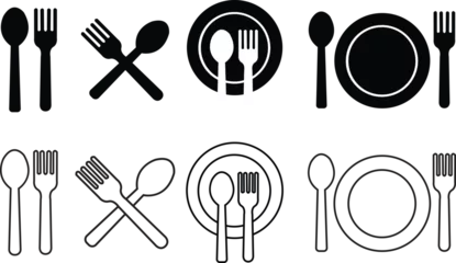 Fotobehang Set of Spoon, fork and plates restaurant icons Flat vector illustration. Lunch dinner symbols editable stock. Spoon and fork for eating icons for apps and websites isolated on transparent background. © M