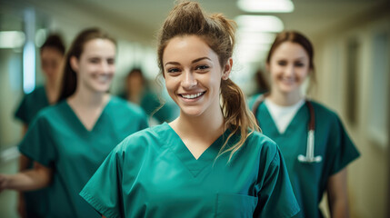 Nursing team in hospital, portrait of a group of nurses looking and smiling in camera. Health and wellness doctors. Confident nursing student with her team in the background, Portrait of women doctors