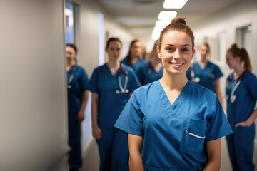 Nursing team in hospital, portrait of a group of nurses looking and smiling in camera. Health and wellness doctors. Confident nursing student with her team in the background, Portrait of women doctors