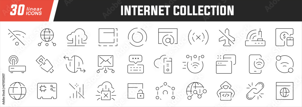 Poster internet linear icons set. collection of 30 icons in black