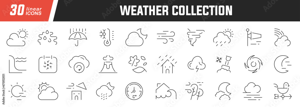 Poster Weather linear icons set. Collection of 30 icons in black