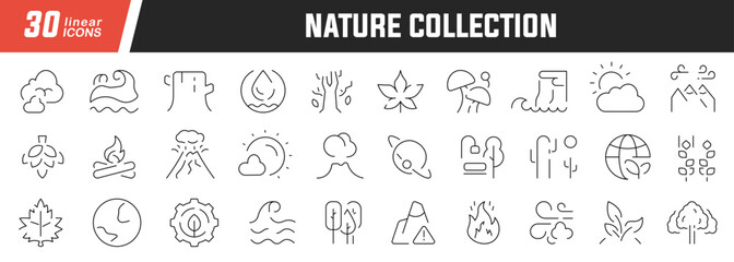 Fototapeta na wymiar Nature linear icons set. Collection of 30 icons in black