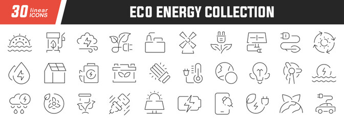 Fototapeta na wymiar Eco energy linear icons set. Collection of 30 icons in black