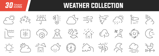 Weather linear icons set. Collection of 30 icons in black
