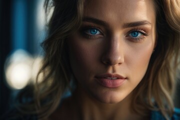 Beautiful woman portrait, nordic girl with stunning look. Intense gaze of a young woman with piercing blue eyes