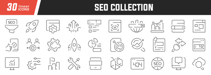 Fototapeta na wymiar Seo linear icons set. Collection of 30 icons in black