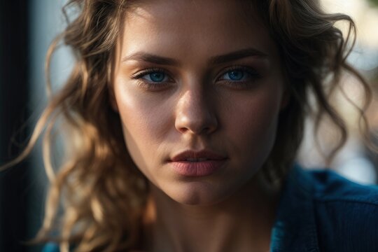 Beautiful woman portrait, nordic girl with stunning look. Intense gaze of a young woman with piercing blue eyes
