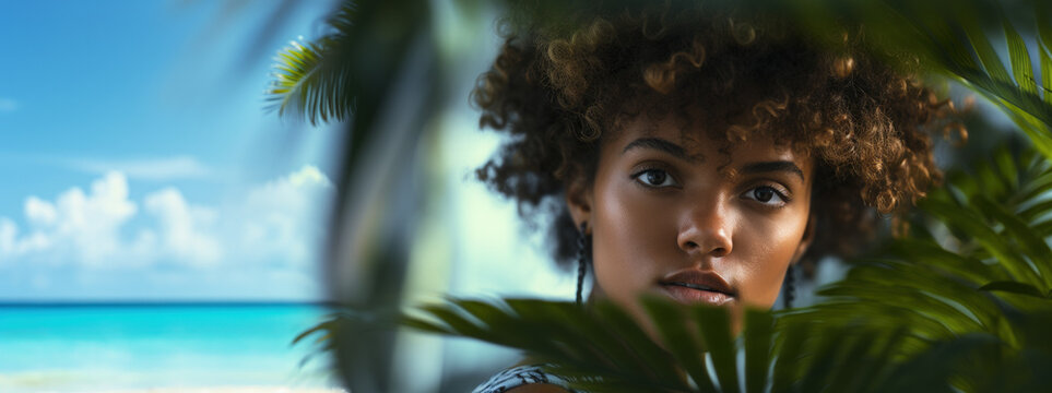 Caribbean girl in a paradisiac green picture. Banner for tropical images, beautiful woman face with curly hair. Serene Afro-American woman amidst lush greenery