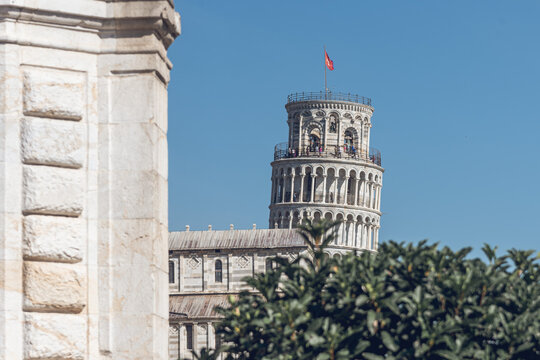 Partial view of the bell tower of the Cathedral of Pisa, Tuscany, Italy, Europe