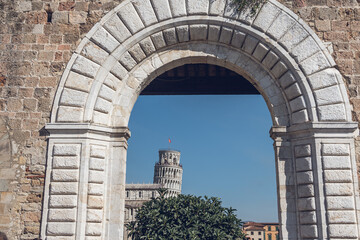 View through the wall arch of the bell tower of the Cathedral of Pisa, Tuscany, Italy, Europe.