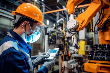 Manager robotics engineer used the digital tablet to check the function and movement direction of of the picking robot in the manufacturing process line