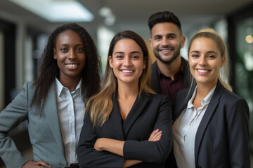 Portrait of Positive multi racial corporate team posing looking at camera