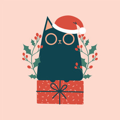 Cute black cat in santa's hat sitting on gsft with holly berries. Creative Christmas and New Year clip art. Creative kitten character for winter holidays stickers, decorations, cards, banners.