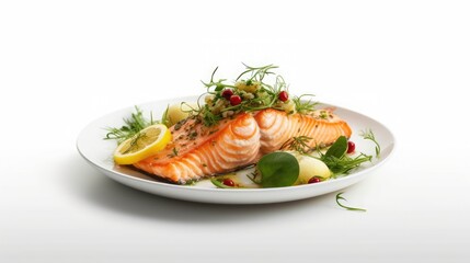 Generate a photography of grilled salmon with lemon and dill