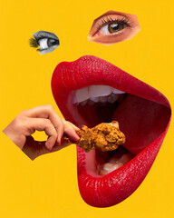 Young woman with giant mouth and eyes eating fried chicken over yellow background. Fast food....