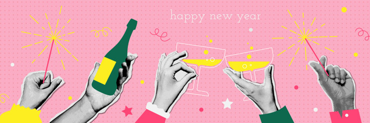 Happy new year retro banner. Halftone Hands holding champagne bottle, glasses and sparkler. Trendy collage mixed media art. Groove vintage Design for poster or greeting card . 90s Vector illustration. - obrazy, fototapety, plakaty