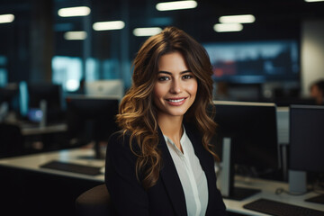 Portrait of smiling beautiful business woman working in modern IT office