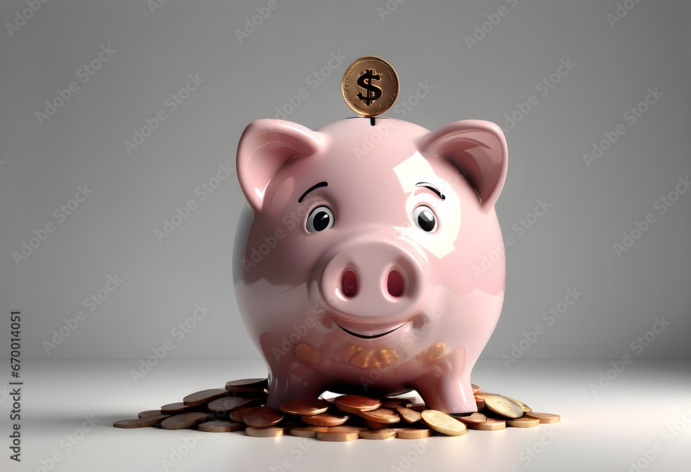 Wall mural piggy bank with coins. coin with dollar sign. light background coins in front. savings and investmen