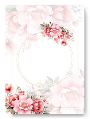 Vintage delicate greeting invitation card template design with pink peony flowers. Botanic card design concept