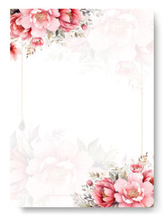 Vintage delicate greeting invitation card template design with pink peony flowers. Botanic card design concept