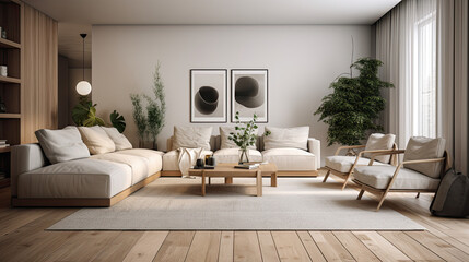 Fototapeta premium Contemporary Wood and White Living Space
