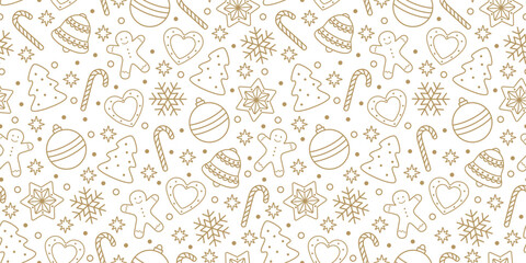 Festive seamless Christmas pattern. Gingerbread man and candies, Christmas balls, snowflakes, spruce on a white background. Vector illustration.