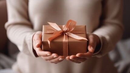 close up of someone holding a gift box tied with a bow