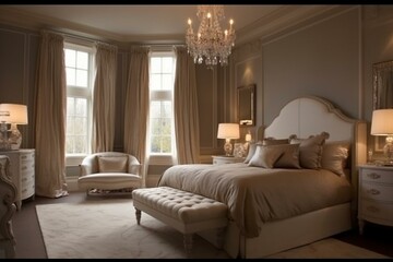 Elegant bedroom with a white color scheme and opulent furnishings. Generative AI