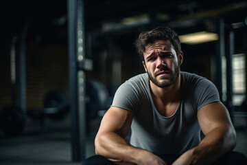 Fototapeta na wymiar Portrait of Strong sporty man sitting on gym bench suffering breakdown to overcome