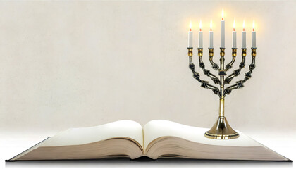 Open Holy Bible and Menorah with seven lighted candles.