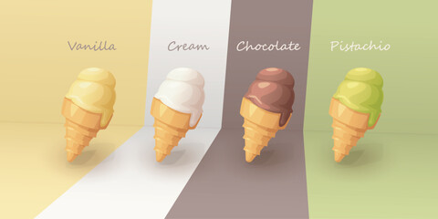 various ice cream set on colorful back